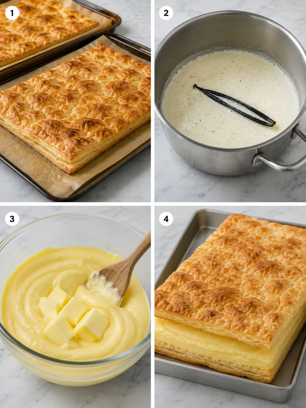Four steps of making kremówka papieska from baking pastry to assembling the custard