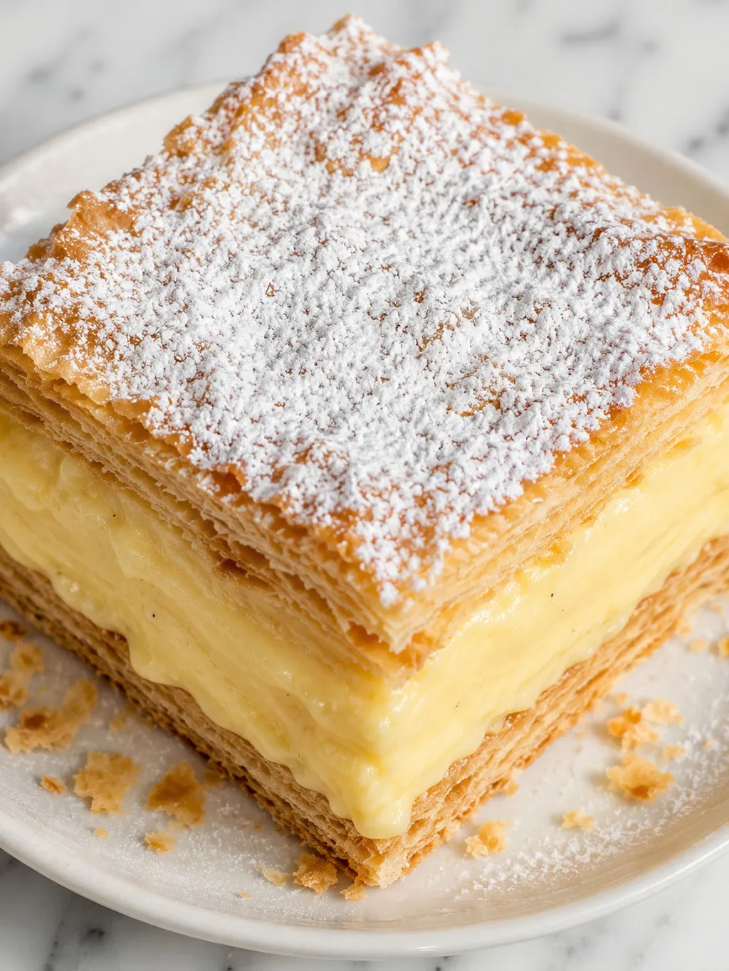 Top-down square of kremówka papieska showing thick vanilla custard between puff pastry