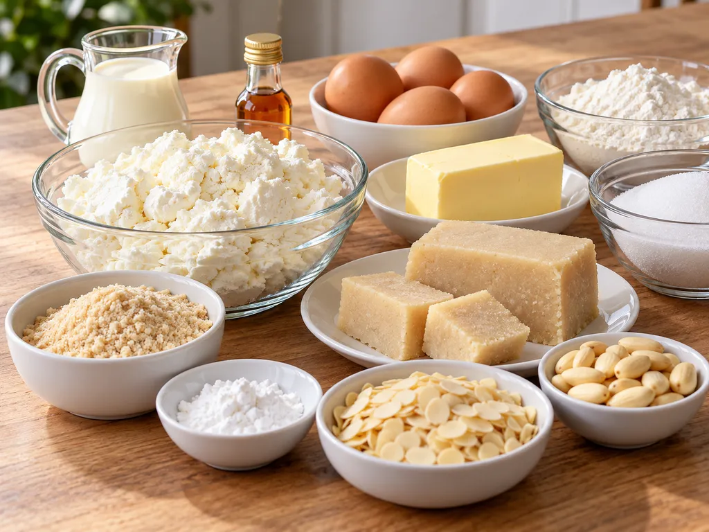 Surowe składniki na sernik migdałowy: twaróg, pasta migdałowa, migdały i jajka
