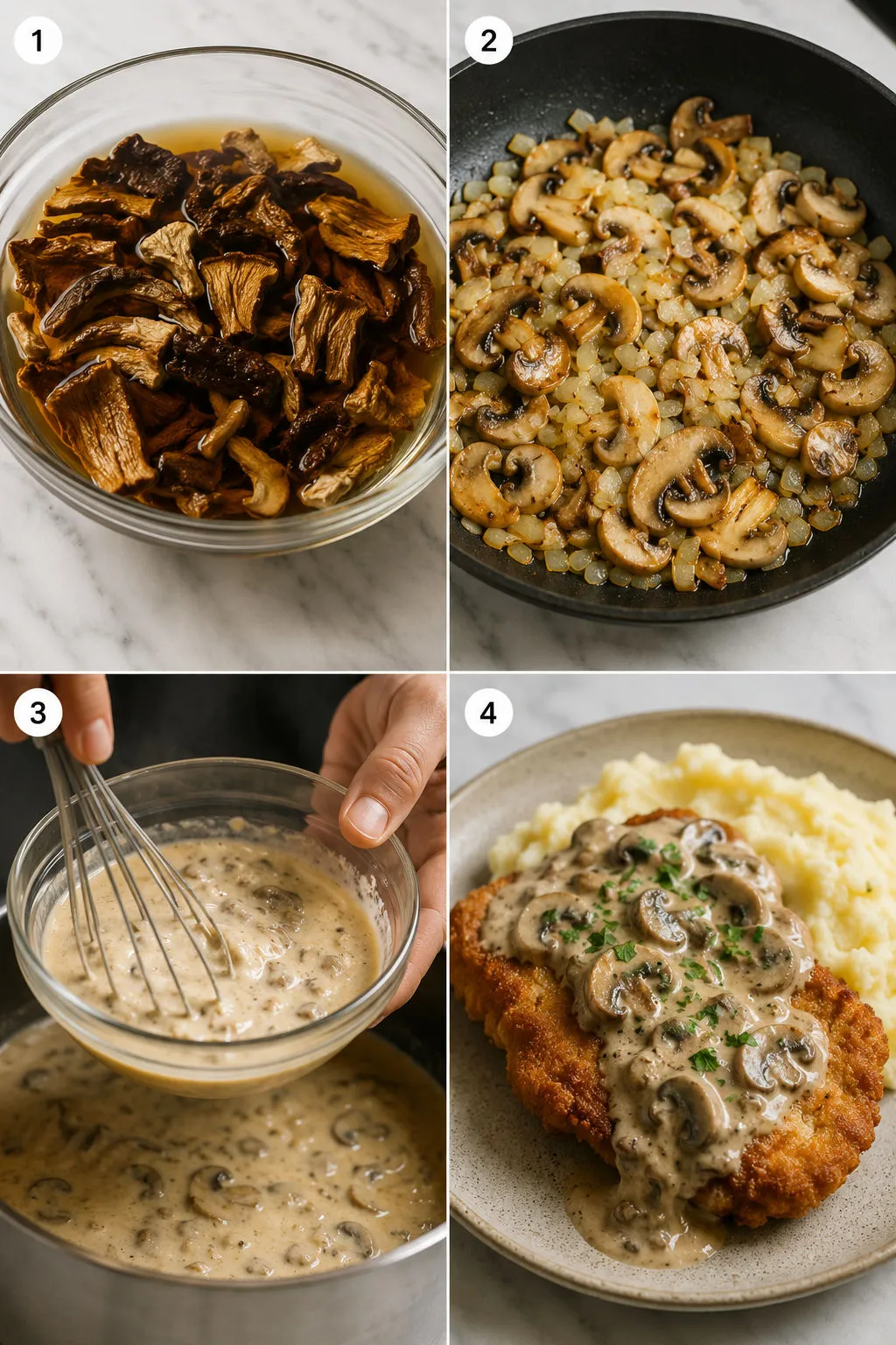 Four steps of making creamy Polish mushroom sauce from soaking to ladling over a cutlet