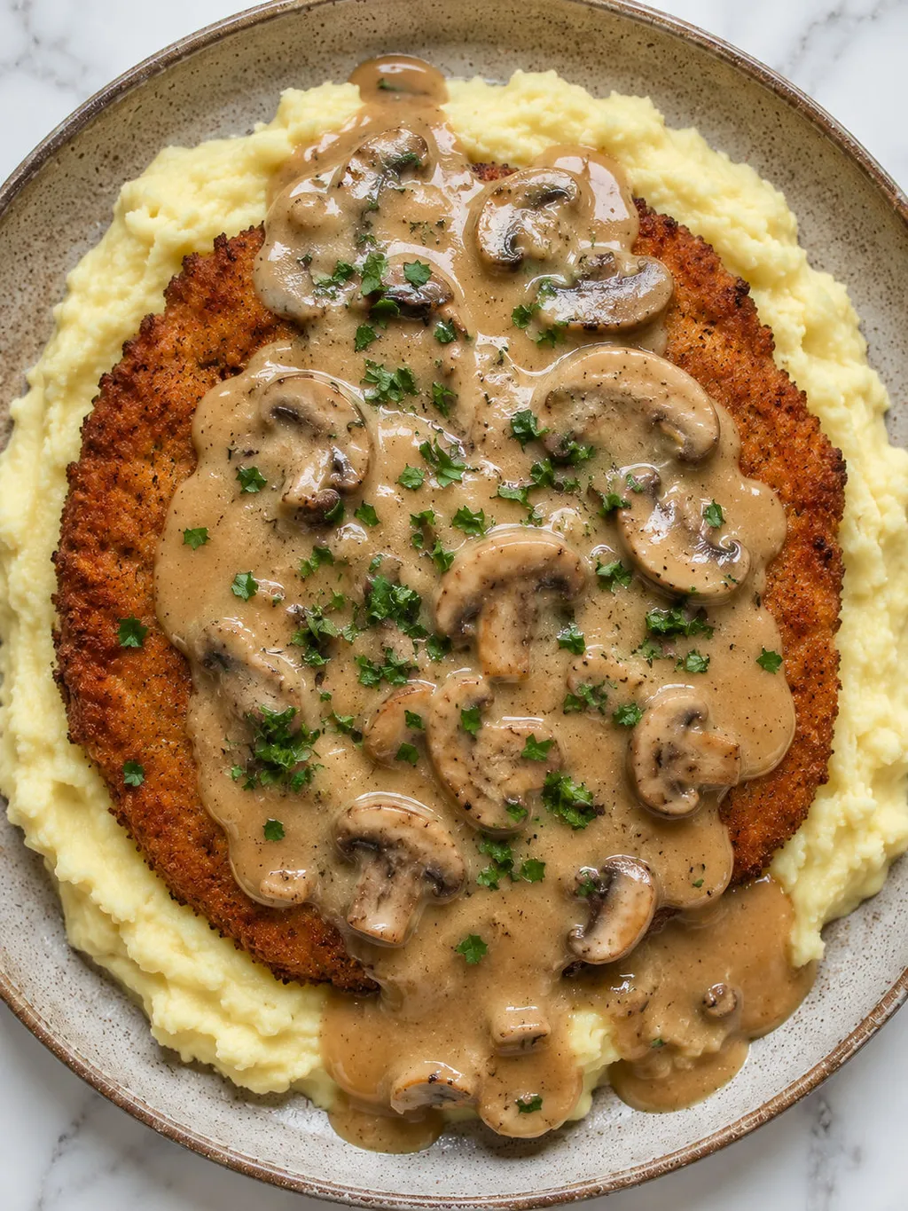 Top-down plate of breaded cutlet and mashed potatoes covered in mushroom sauce