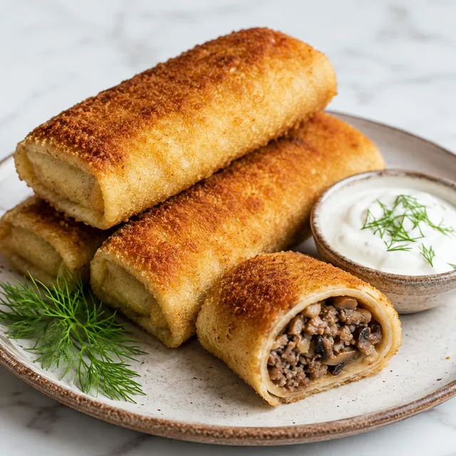 Golden fried Polish krokiety with meat and mushroom filling, one sliced open