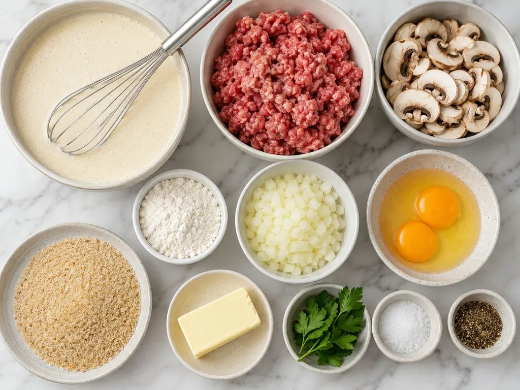 Raw ingredients for Polish krokiety including ground meat, mushrooms and crepe batter