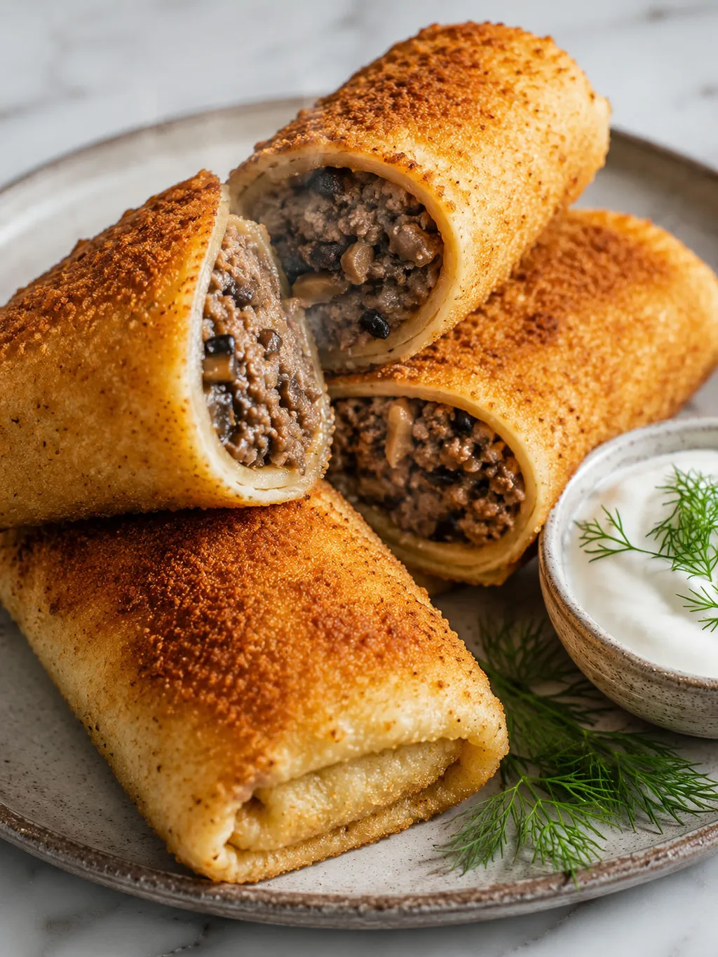 Sliced Polish krokiet showing meat and mushroom filling with crispy crust