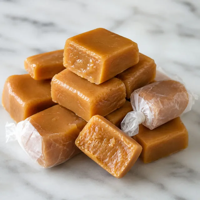 Stack of soft caramel-colored Polish krówki milk fudge squares, one unwrapped