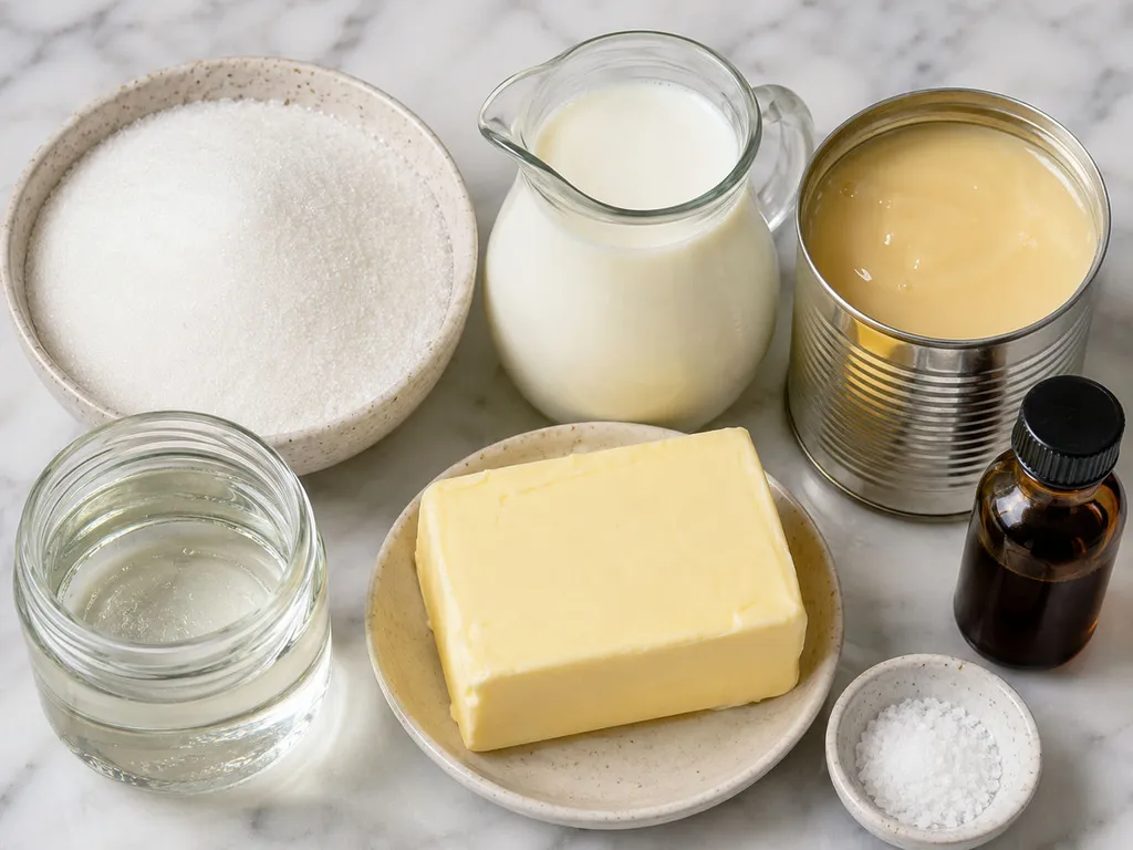 Raw ingredients for Polish krówki milk fudge including condensed milk, sugar, and butter