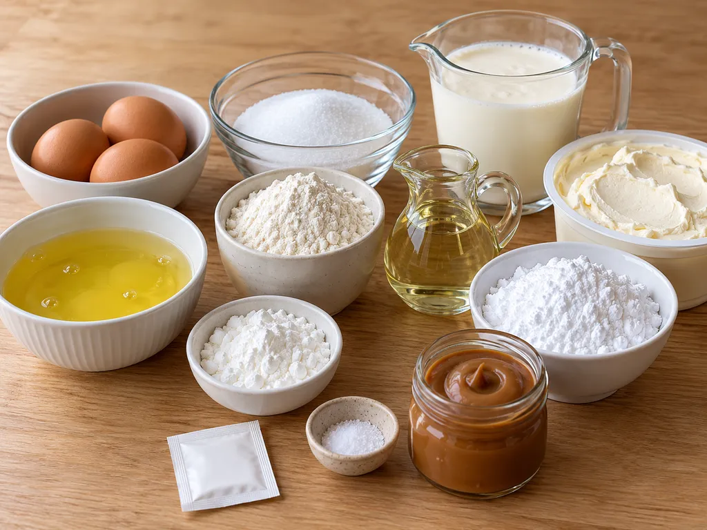 Składniki na krówkową chmurkę, jajka, śmietanka, mascarpone i masa krówkowa
