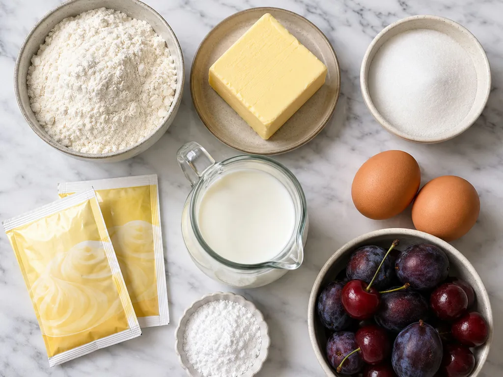 Flour, butter, eggs, milk, custard powder and plums for a shortcrust custard cake