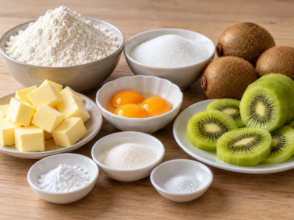 Składniki na kruche ciasto z kiwi: mąka, masło, żółtka, cukier i kiwi