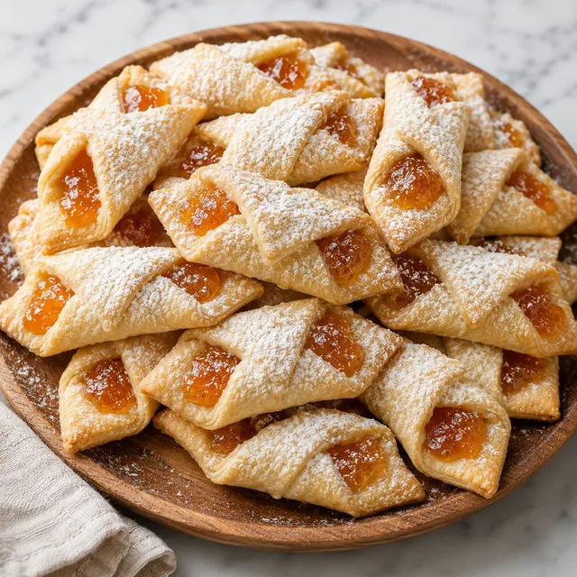 Golden shortcrust kolaczki cookies filled with apricot jam and dusted with powdered sugar
