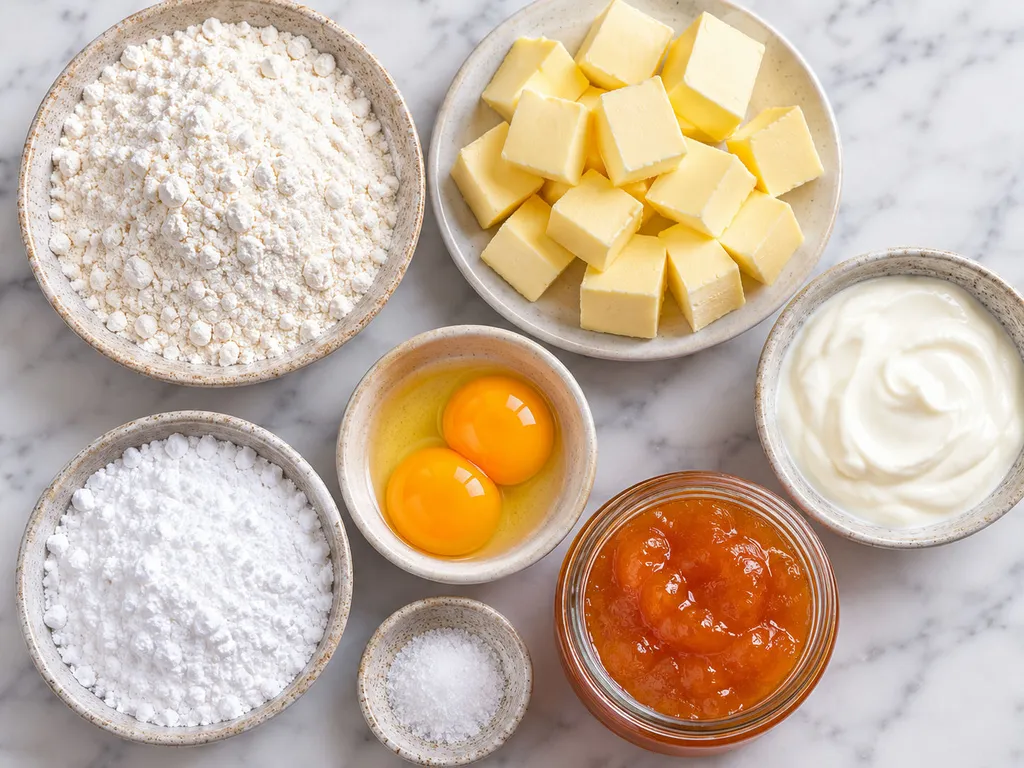 Raw ingredients for kolaczki cookies including flour, cold butter, sour cream and apricot jam