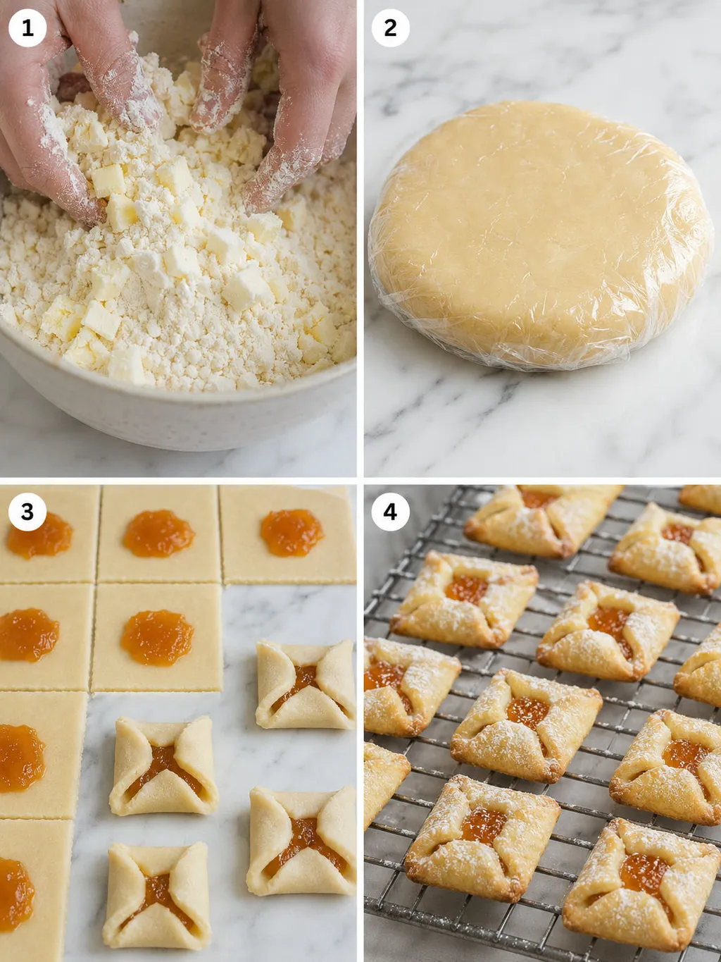 Four steps of making kolaczki cookies from dough to baked pastries
