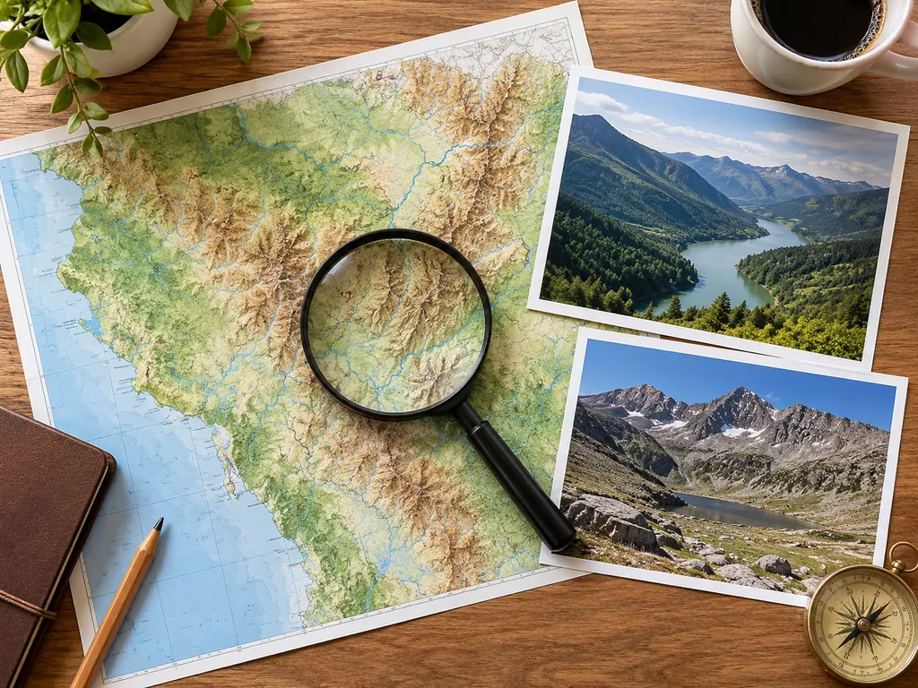 Mapa terenu, dwie fotografie krajobrazu i lupa przygotowane do porównania informacji.