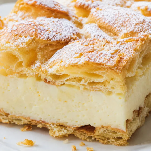 Healthier karpatka slice with vanilla cream and powdered sugar