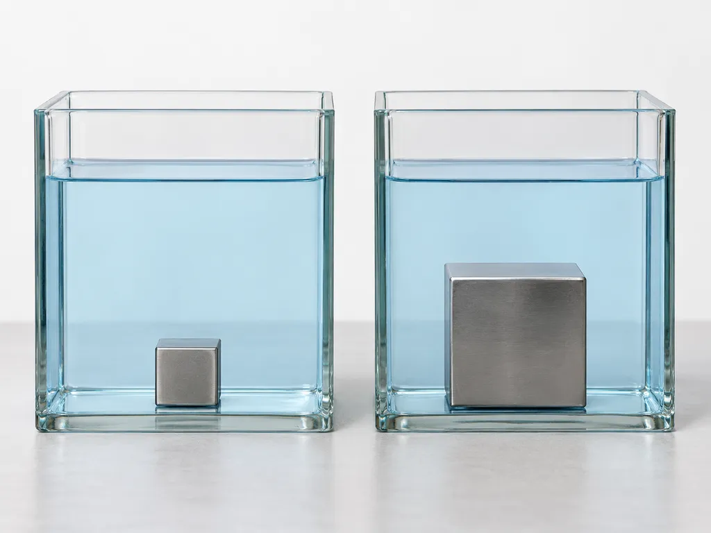 Dwa jednakowe naczynia z równym poziomem wody oraz małym i większym stalowym sześcianem pod powierzchnią.
