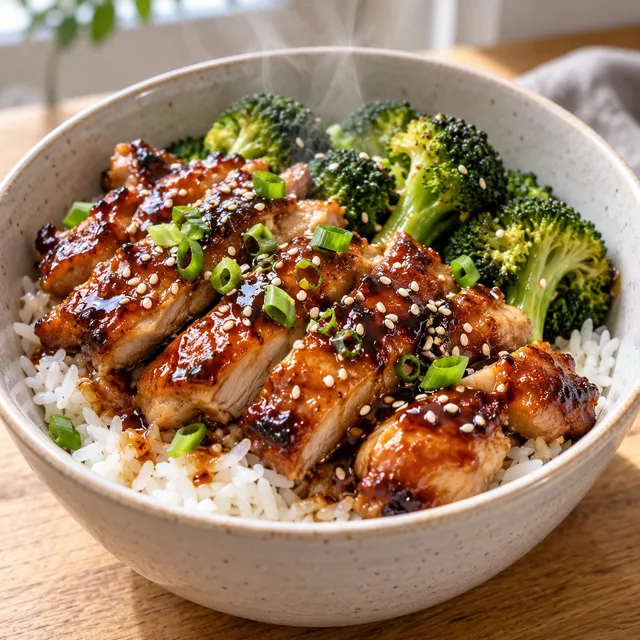 Kurczak teriyaki z ryżem, brokułami, sezamem i szczypiorkiem
