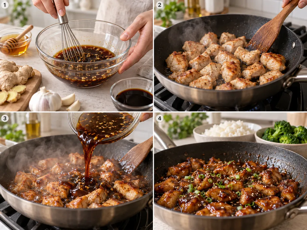 Cztery etapy przygotowania kurczaka teriyaki na patelni
