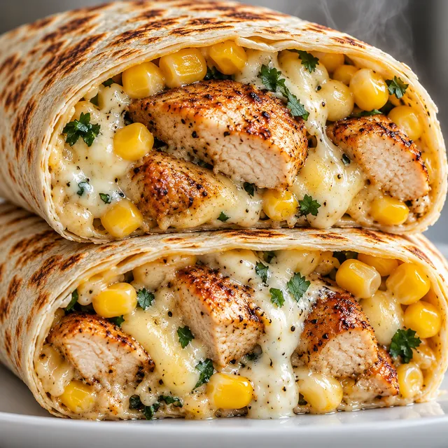 Grillowana tortilla z kurczakiem, kukurydzą i kremowym sosem w przekroju