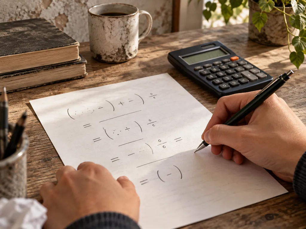Dłonie zapisujące kroki działania matematycznego obok kalkulatora.