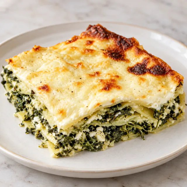 Porcja lasagne ze szpinakiem, fetą, beszamelem i rumianą mozzarellą