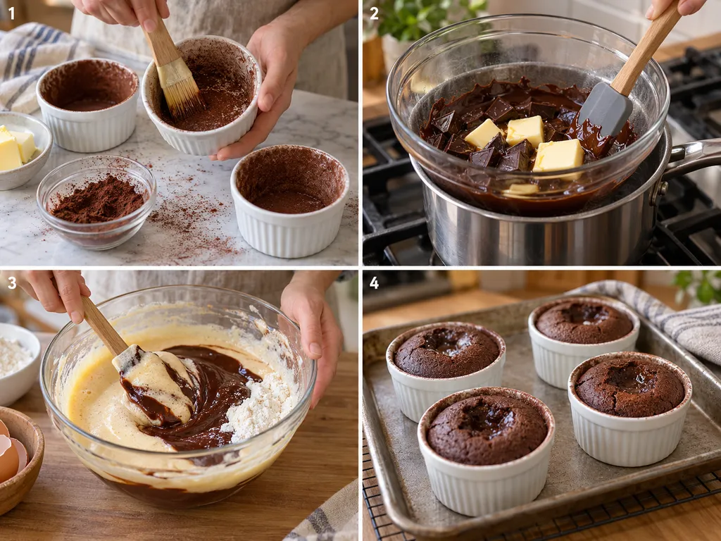 Cztery etapy przygotowania lava cake od foremek do pieczenia