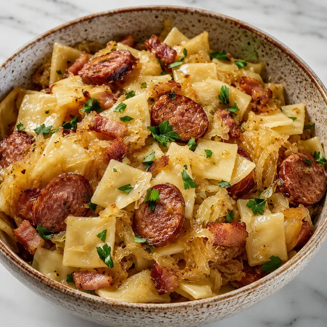 Polish łazanki with sauerkraut, kielbasa, and bacon in a rustic bowl