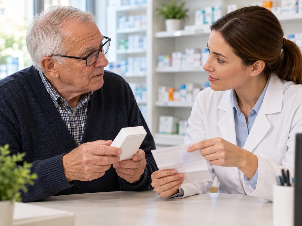 Ilustracja starszego mężczyzny z opakowaniem preparatu podczas rozmowy z farmaceutką.