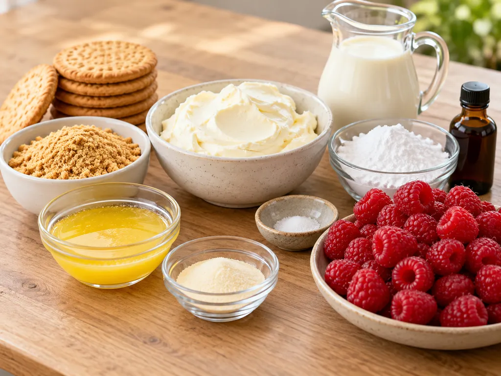 Składniki na lekki sernik mascarpone z malinami na kuchennym blacie