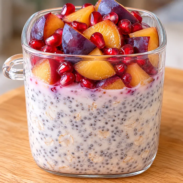 Pudding chia z płatkami owsianymi w szklance z plasterkami śliwki i pestkami granatu