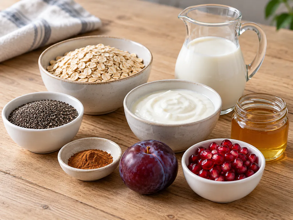 Surowe składniki na pudding chia z płatkami owsianymi, śliwką i pestkami granatu