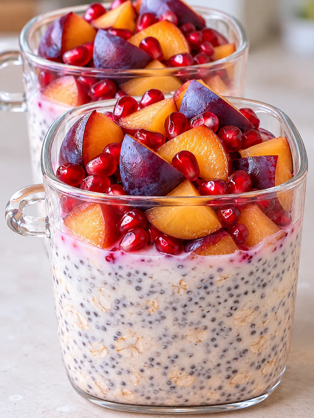Pudding chia z płatkami owsianymi w szklankach z plasterkami śliwki i granatem