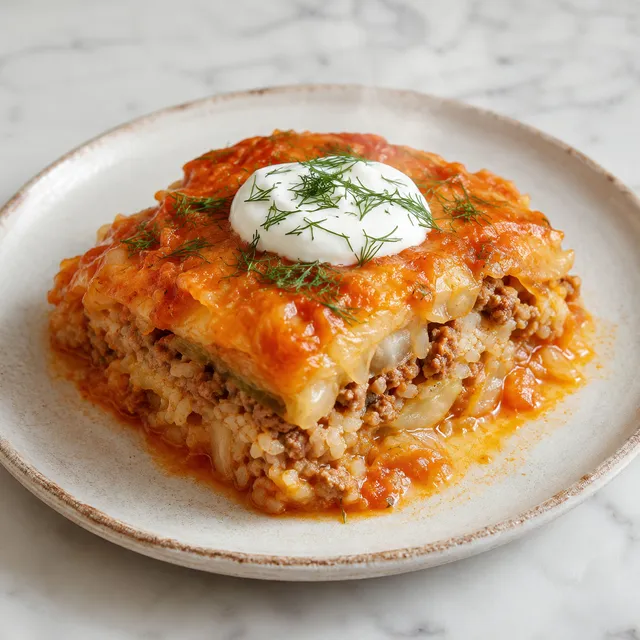 Layered cabbage, rice and ground meat casserole in tomato sauce with sour cream