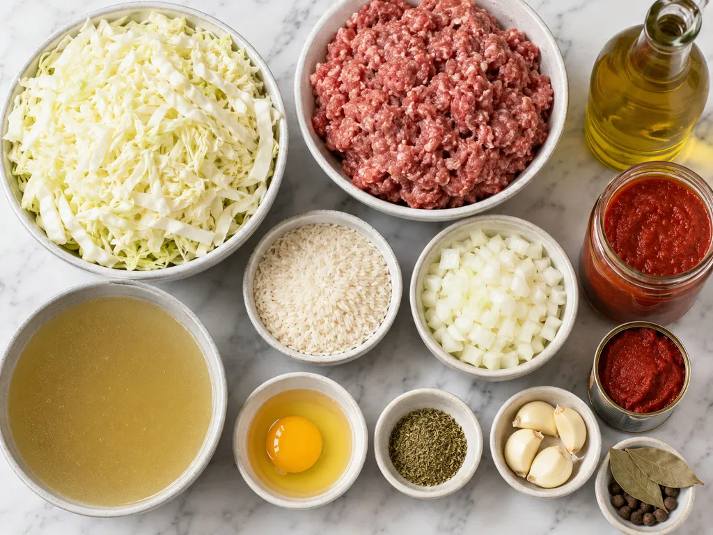 Raw ingredients for lazy cabbage roll casserole including cabbage, rice and ground meat