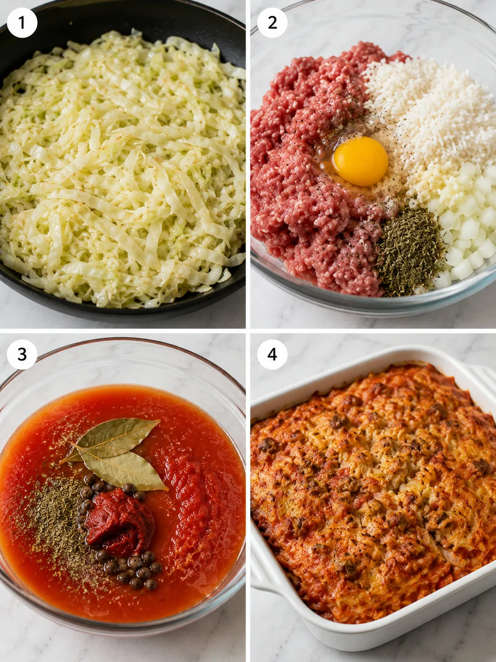 Four steps of making lazy cabbage roll casserole from softening cabbage to baked dish
