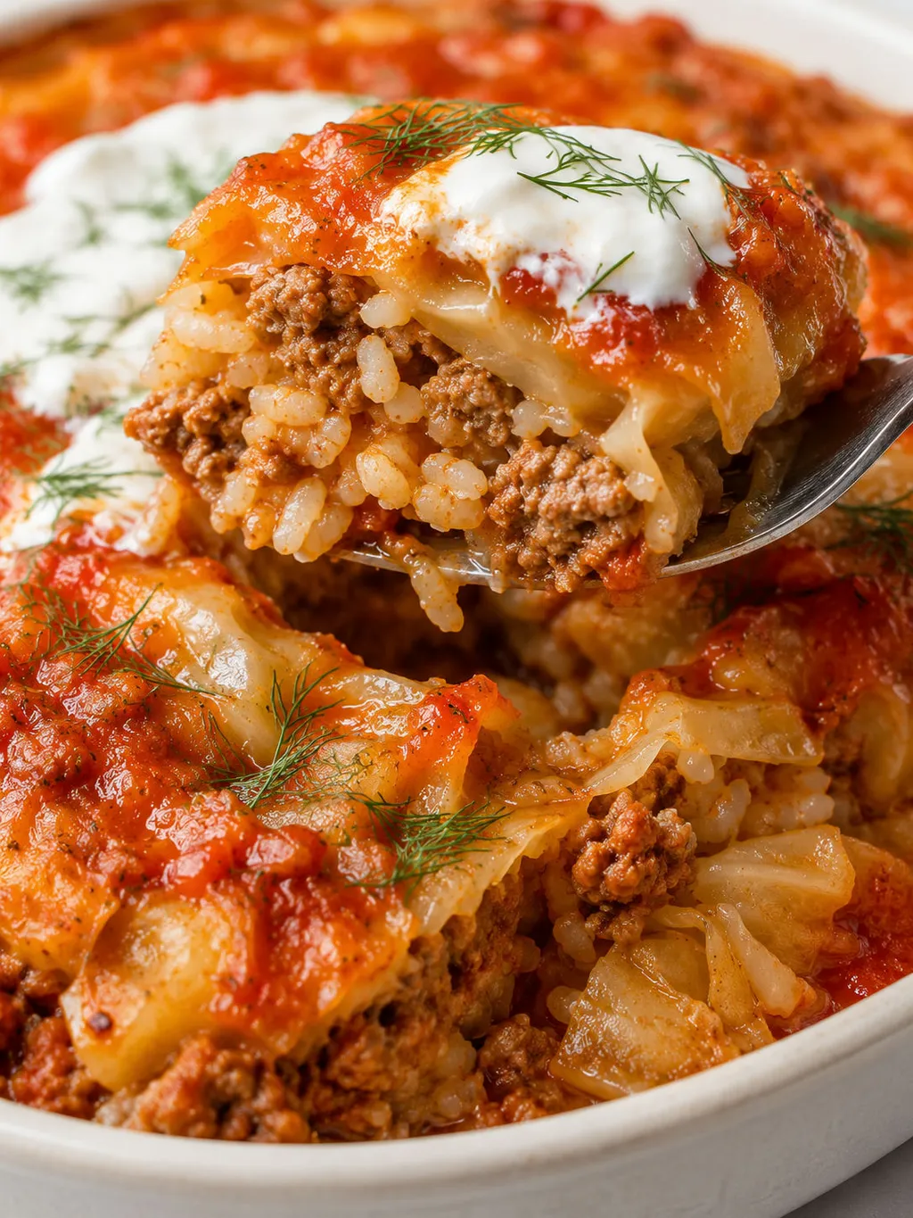 Close-up forkful of cabbage and ground meat casserole in tomato sauce