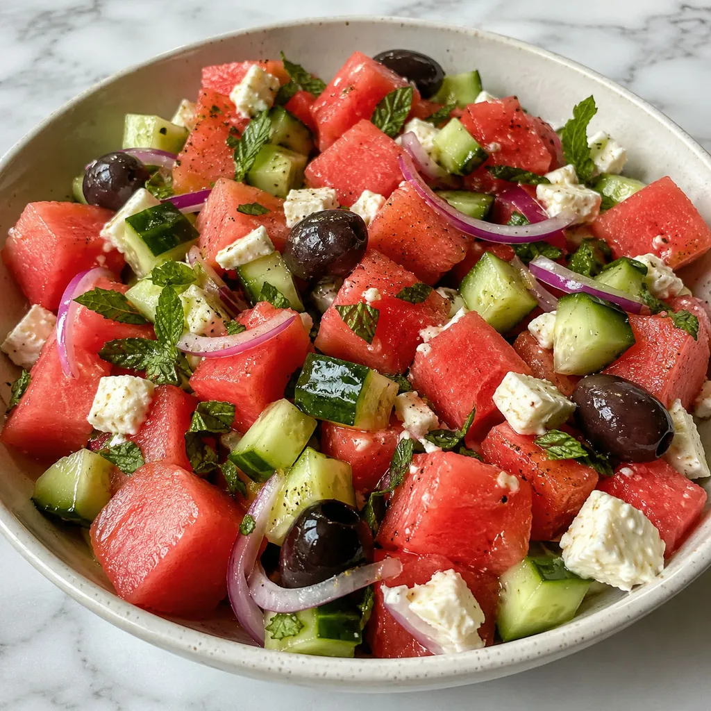 Watermelon, cucumber and feta salad with mint and red onion in a bowl