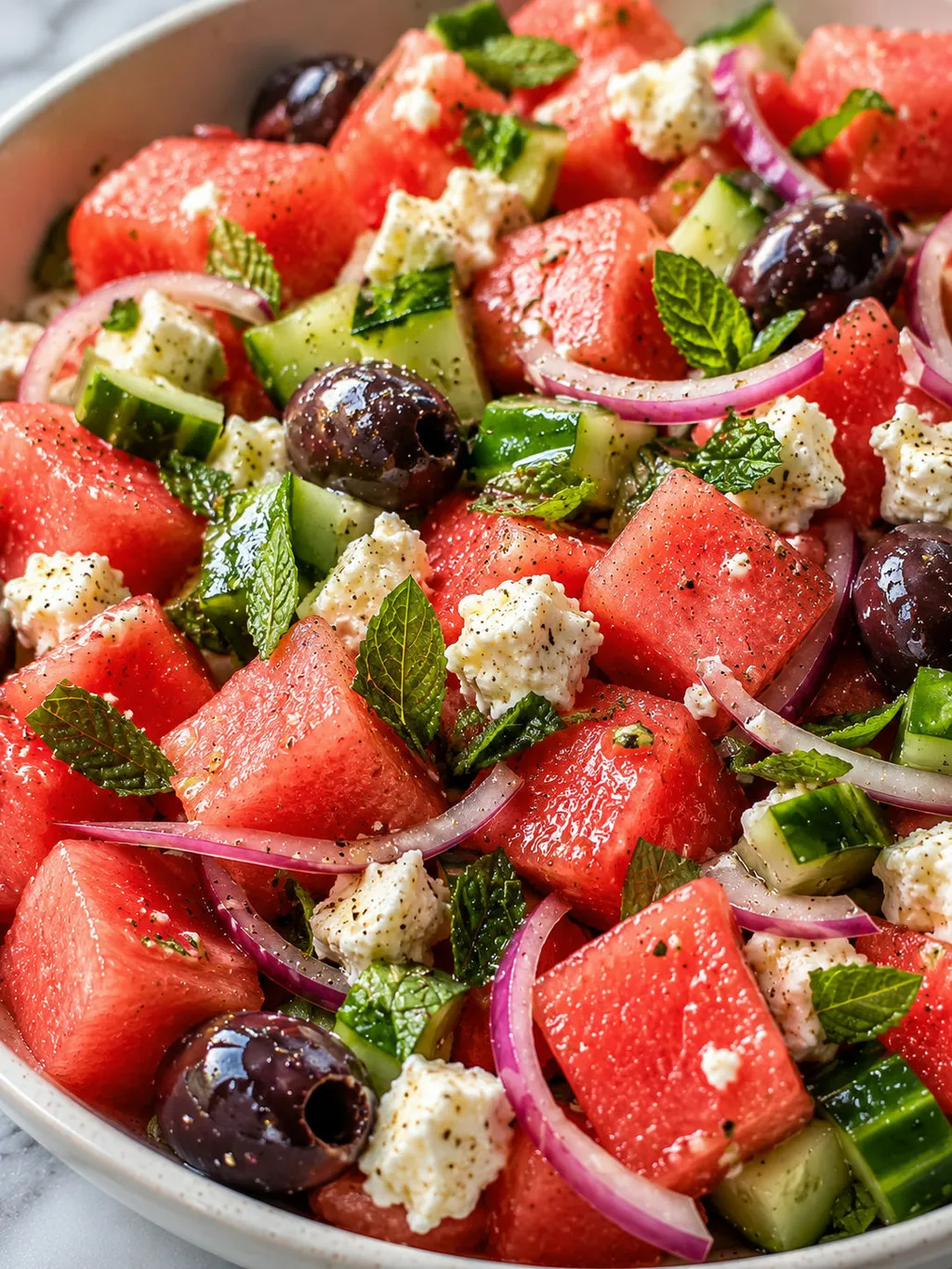 Close view of watermelon cucumber feta salad with mint and olive oil