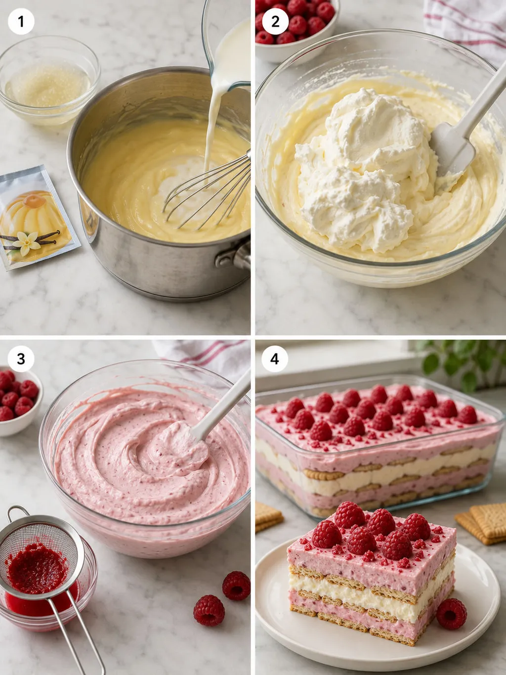 Steps of layering raspberry cream between butter biscuits in a rectangular dish