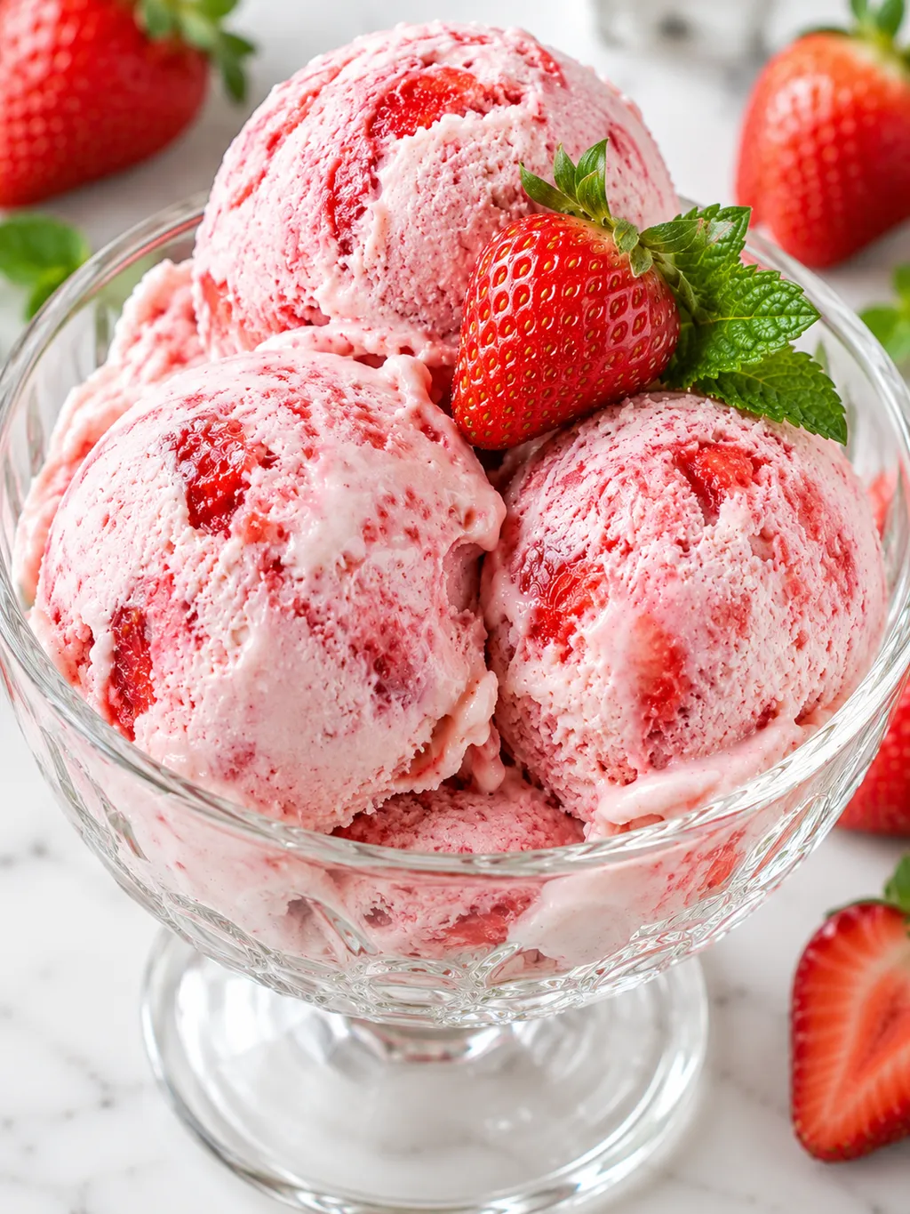 Kremowe lody truskawkowe z owocami i miętą w pucharku