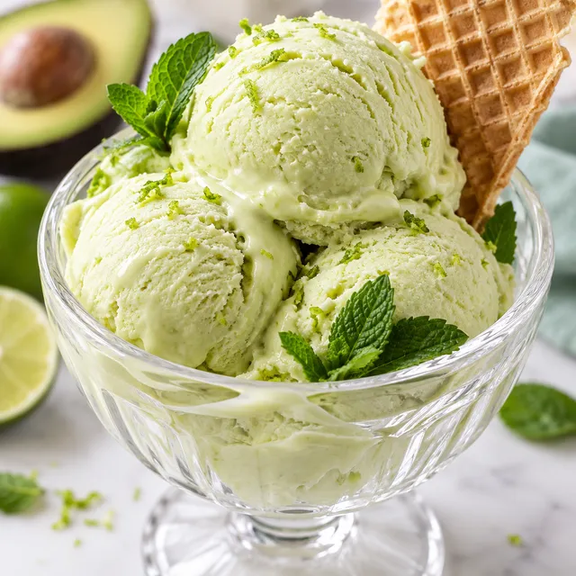 Jasnozielone lody z awokado z miętą w szklanym pucharku