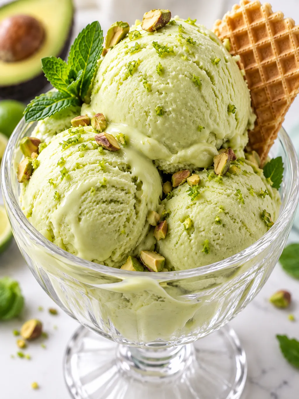 Kremowe lody z awokado z miętą, limonką i pistacjami