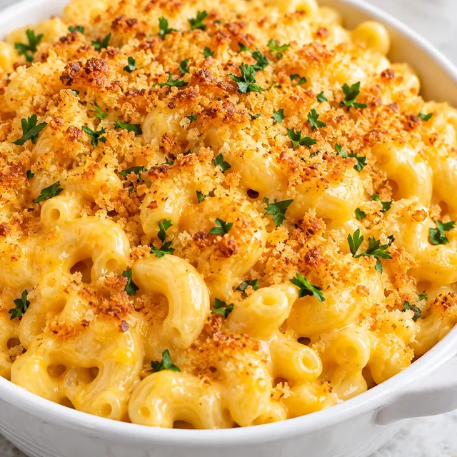 Mac and cheese z chrupiącą posypką i natką w jasnym naczyniu