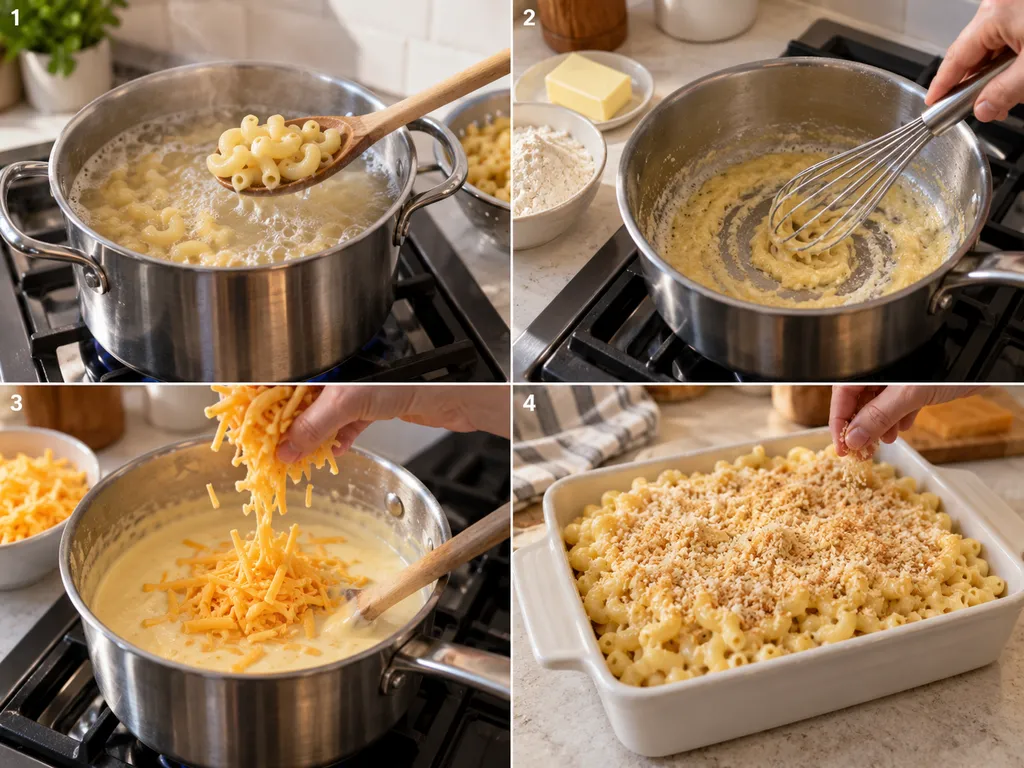 Cztery kroki przygotowania mac and cheese od makaronu do posypki