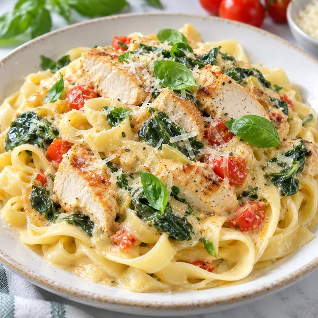 Tagliatelle z kurczakiem, szpinakiem i pomidorami w kremowym sosie
