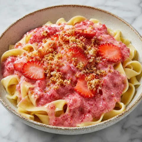 Warm egg noodles topped with crushed strawberry cream sauce and buttered breadcrumbs