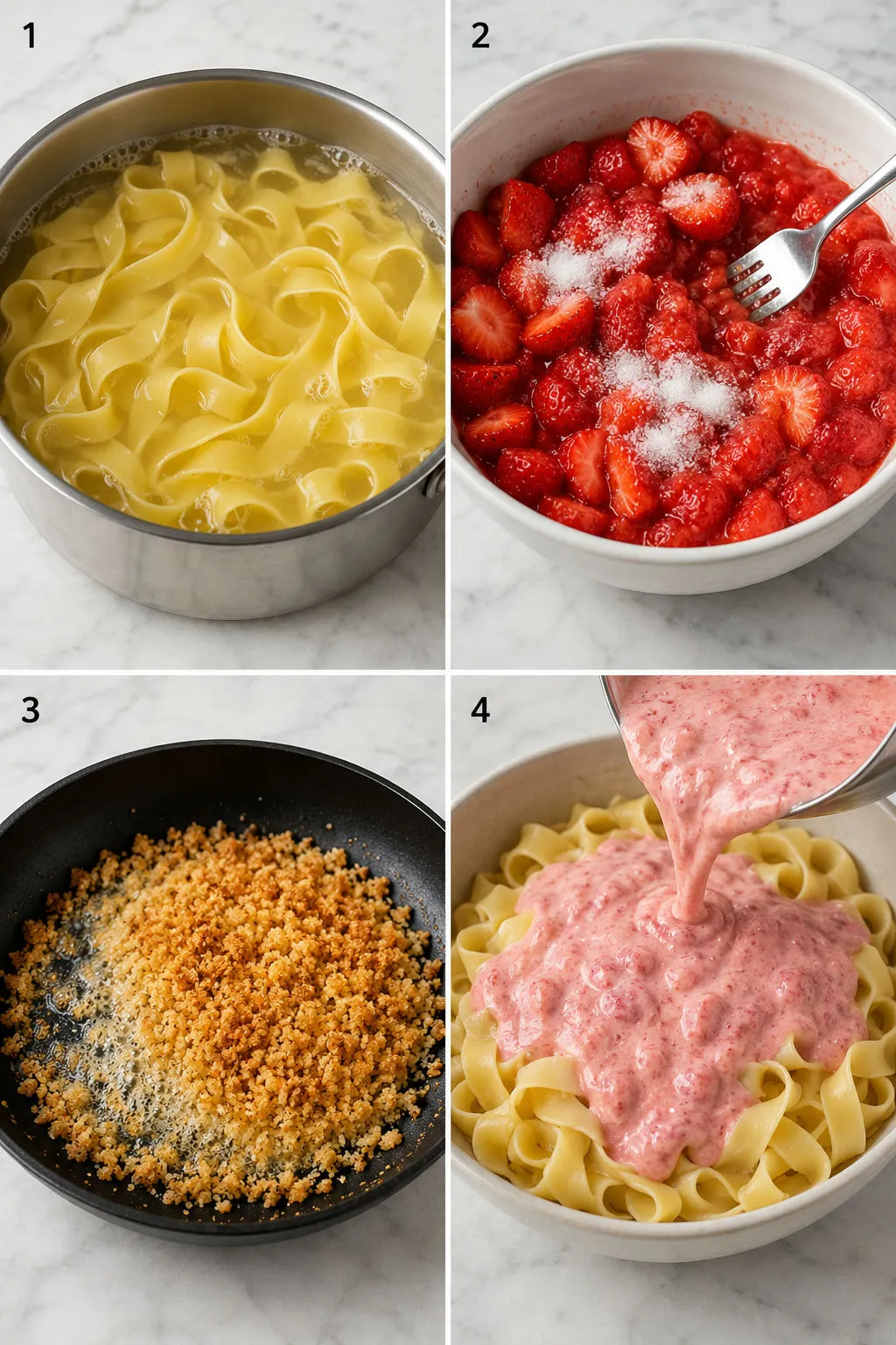 Four steps of making strawberry pasta from boiling noodles to pouring cream sauce