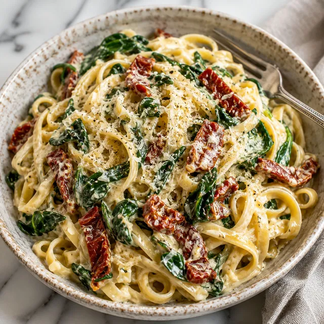 Creamy pasta with spinach and sun-dried tomatoes topped with grated parmesan