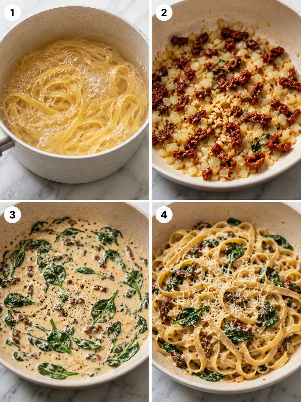 Four cooking steps for pasta with spinach and sun-dried tomatoes in a skillet