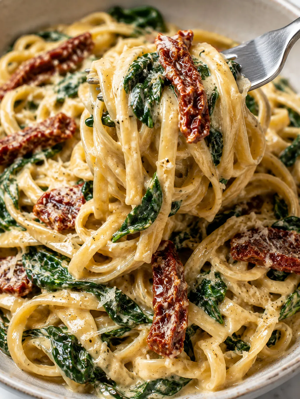 Forkful of creamy pasta with spinach and sun-dried tomatoes lifted from the bowl