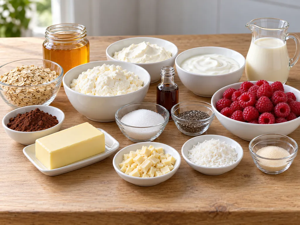 Składniki na fit sernik malinowy bez pieczenia: ricotta, maliny, owies i chia